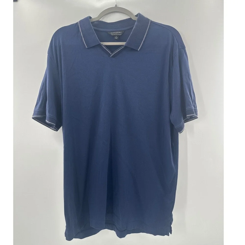 Banana Republic Mens Navy Blue Luxury Touch V-Neck Polo Shirt Large Short Sleeve